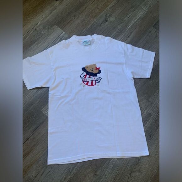 VTG Red White And Blue Patriotic USA Bear Embroidered White T-shirt Size L - Picture 4 of 7